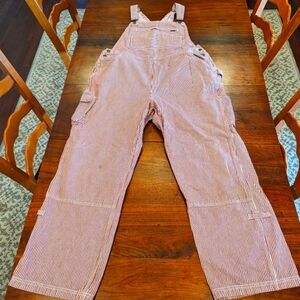 Duluth Trading Stripe Denim Conductor Carpenter Cargo Overalls 30”